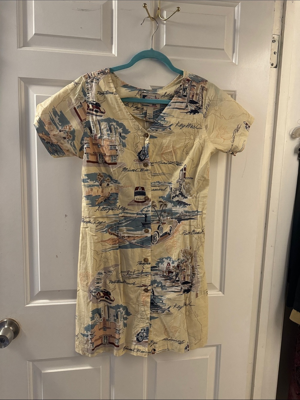 Vintage BLUEWATER WEAR Retro Florida Print Yellow Dress size Small